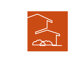 An orange square with a white outline of two overlapping house roofs and bushes underneath.