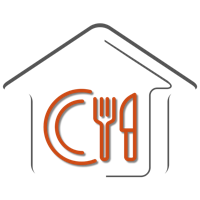 Outline of a house with a plate, fork, and knife inside.