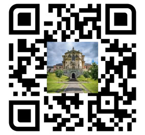 QR code with an image of a large, ornate building with a dome and arched entrance, surrounded by greenery.