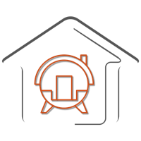 Outline of a house with a stylized circular structure inside, featuring a door and legs.