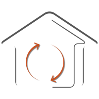 Outline of a house with two circular arrows inside.
