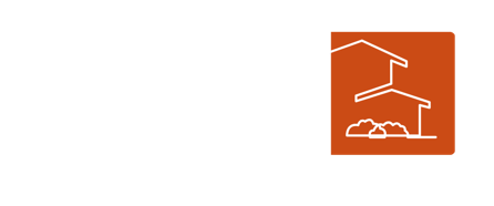 An orange square with a white outline of two houses and bushes.