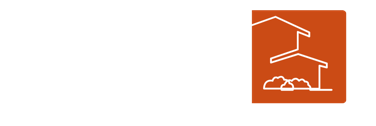 An orange square with a white outline of two stylized houses and trees.Logo