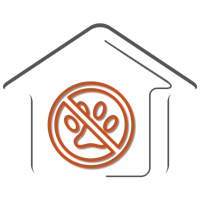 Outline of a house with a red circle and a diagonal line over a paw print inside.