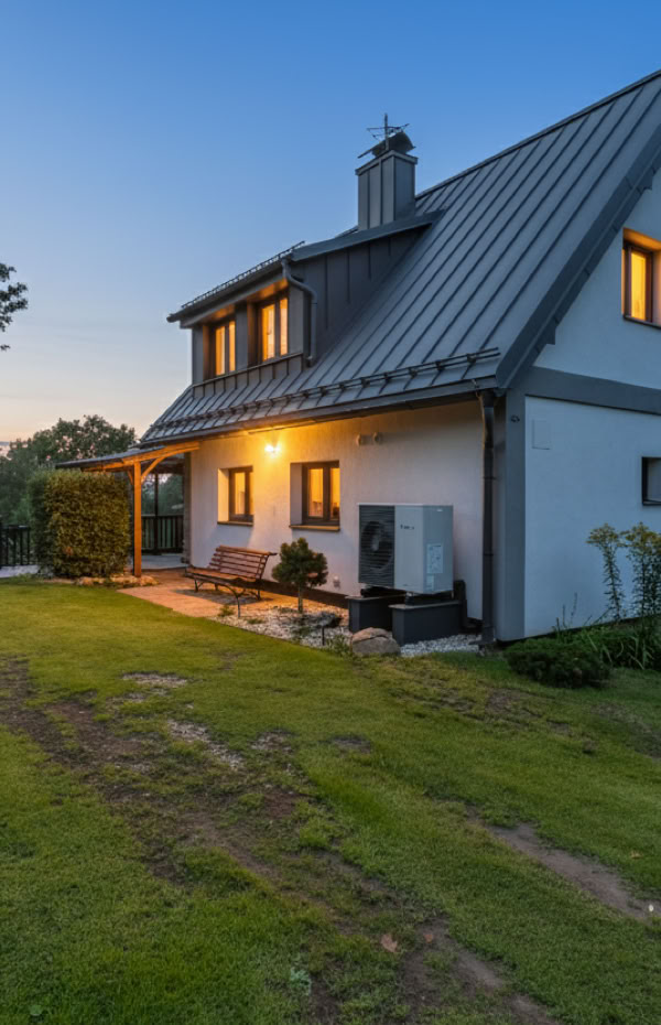 A two-story house with a sloped roof, lit from inside, surrounded by a grassy yard and trees at dusk.