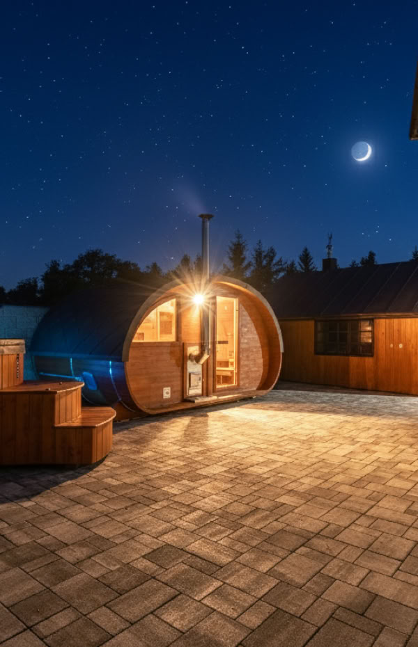 A nighttime outdoor scene featuring a wooden barrel sauna and hot tub on a stone patio, with a crescent moon in the sky and a building with stone pillars on the right.