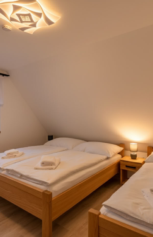 A bedroom with two single beds, each with white bedding and towels, a small bedside table with a lamp between them, a window with curtains, and a ceiling light fixture.