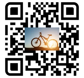 QR code with an image of a bicycle against a sunset in the center.