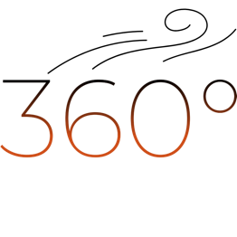 The image shows the number "360°" with stylized lines above it, suggesting motion or wind.