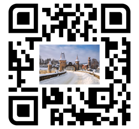 A QR code with an image of a snowy bridge and buildings in the center.